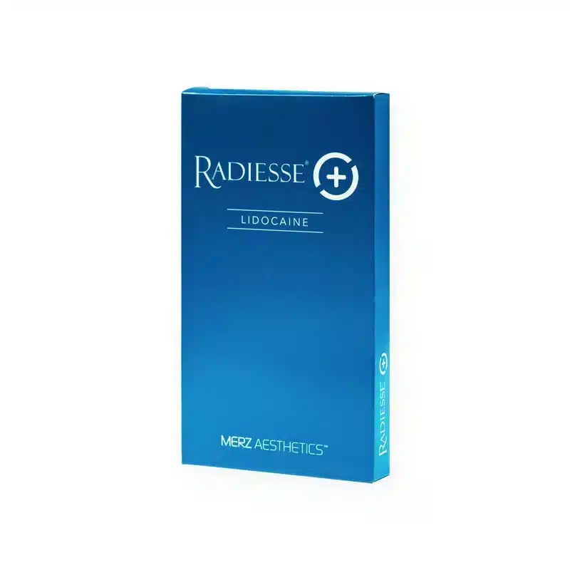 A blue rectangular box with white text that reads "RADIESSE® (+) 1.5ml with Lidocaine" and "Merz Aesthetics". The packaging appears sleek and professional, likely for a medical or cosmetic product.