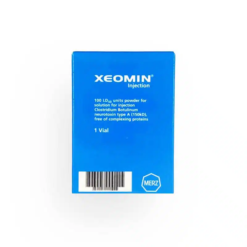 A blue box labeled "XEOMIN® 100u (Polish)." The text states: "100 LD50 units powder for solution for injection Clostridium botulinum neurotoxin type A (150kD), free of complexing proteins." The box also shows "1 Vial" and "MERZ" with a barcode at the bottom.
