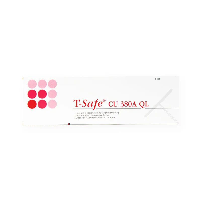 Image of a white rectangular contraceptive product package labeled "SMB® TCu 380A with Safeload." The package design features a series of pink circles on the left side and text in red and black. The product is indicated to be an IUD (Intrauterine Device).