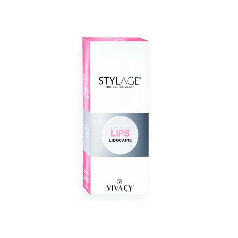 A box of STYLAGE® SPECIAL LIPS with Lidocaine, featuring pink and white packaging. The front label displays the product name "STYLAGE®" at the top, "SPECIAL LIPS with Lidocaine" in the center, and the Vivacy logo at the bottom.