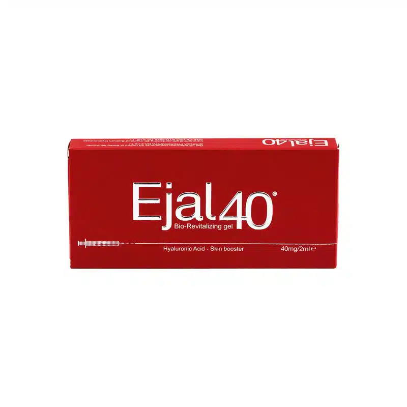 A red rectangular box with white text that reads “EJAL40 Bio-Revitalizing Gel.” Below the main text, it also says "Hyaluronic Acid - Skin booster" and "40mg/2ml." An image of a syringe is displayed on the lower left side of the box.