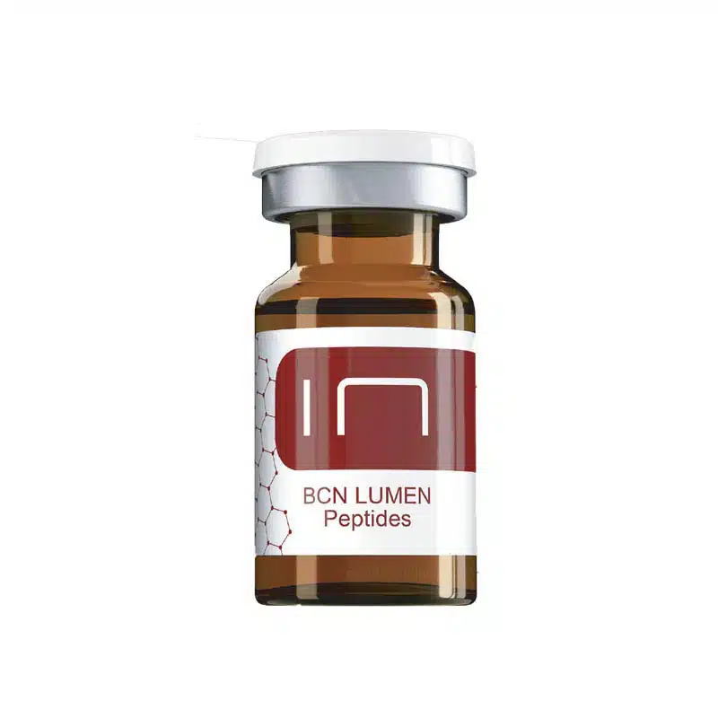 A small, brown glass vial with a white and red label. The label has "BCN LUMEN PEPTIDES" written on it along with a geometric design. It is sealed with a silver cap.