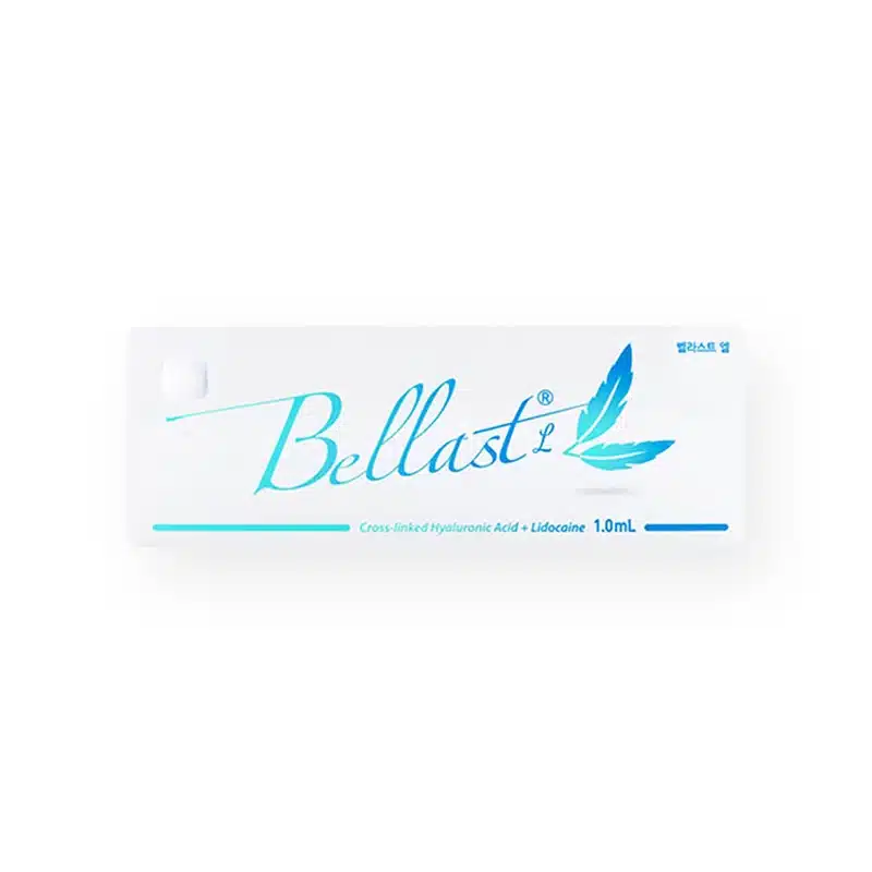 A white box with "BELLAST® L" written in turquoise cursive letters and a feather design next to it. The text below reads "Cross-linked Hyaluronic Acid + Lidocaine" and indicates a volume of "1.0 mL.