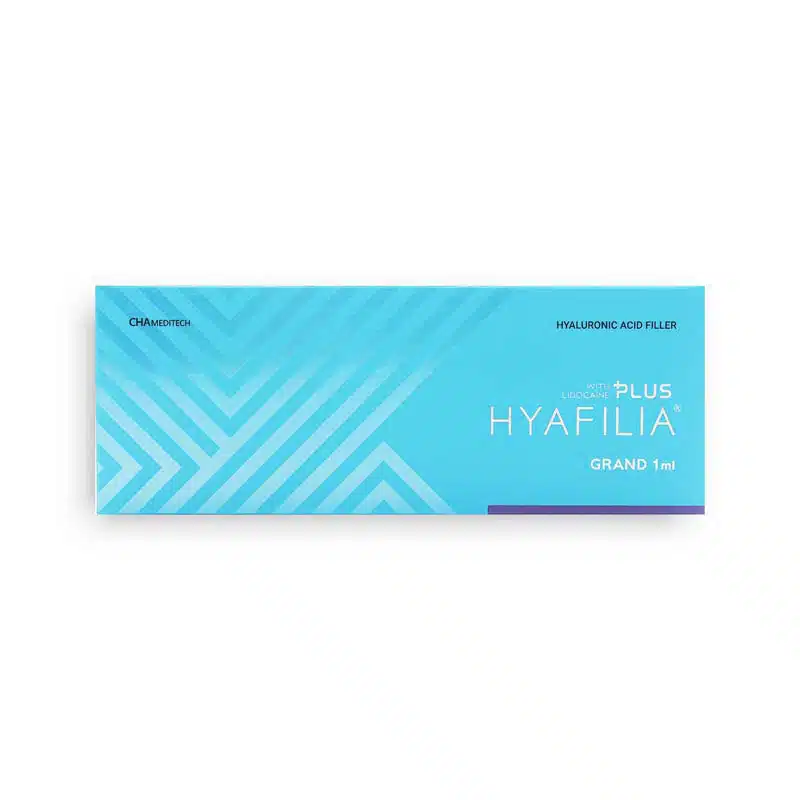 A rectangular blue box labeled "HYAFILIA® GRAND PLUS with Lidocaine 1 ml" with "Hyaluronic Acid Filler" written in the top right corner and "CHAMELEON" in the top left corner. The box features a geometric pattern and a purple stripe at the bottom.