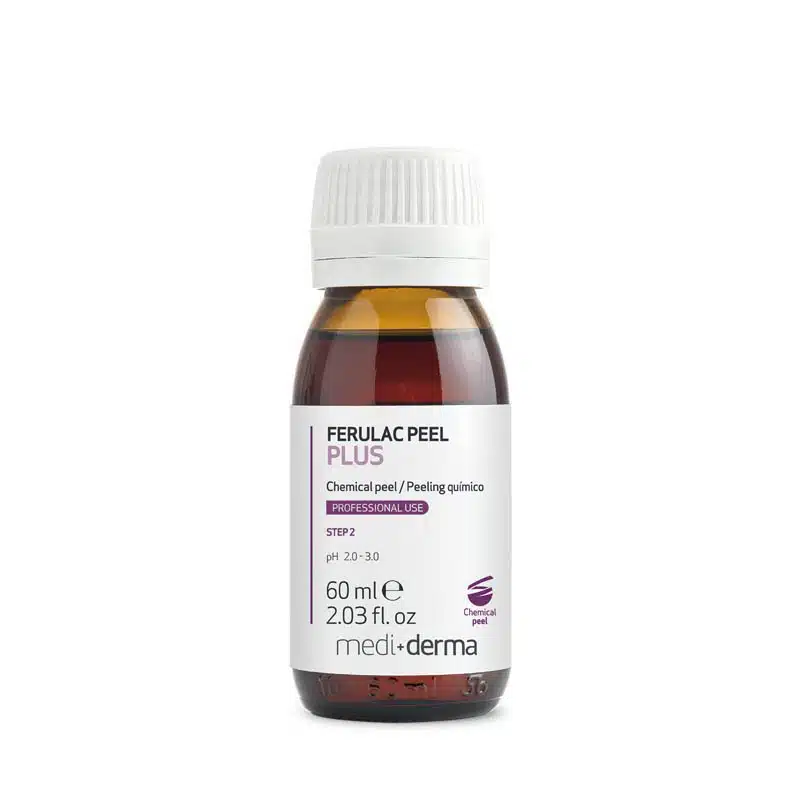 A small brown bottle labeled "FERULAC PEEL PLUS" by Medi+Derma, containing 60 ml (2.03 fl. oz) of chemical peel/peeling químico, for professional use. The label features details such as pH 2.0-3.0 and is indicated as Step 2.