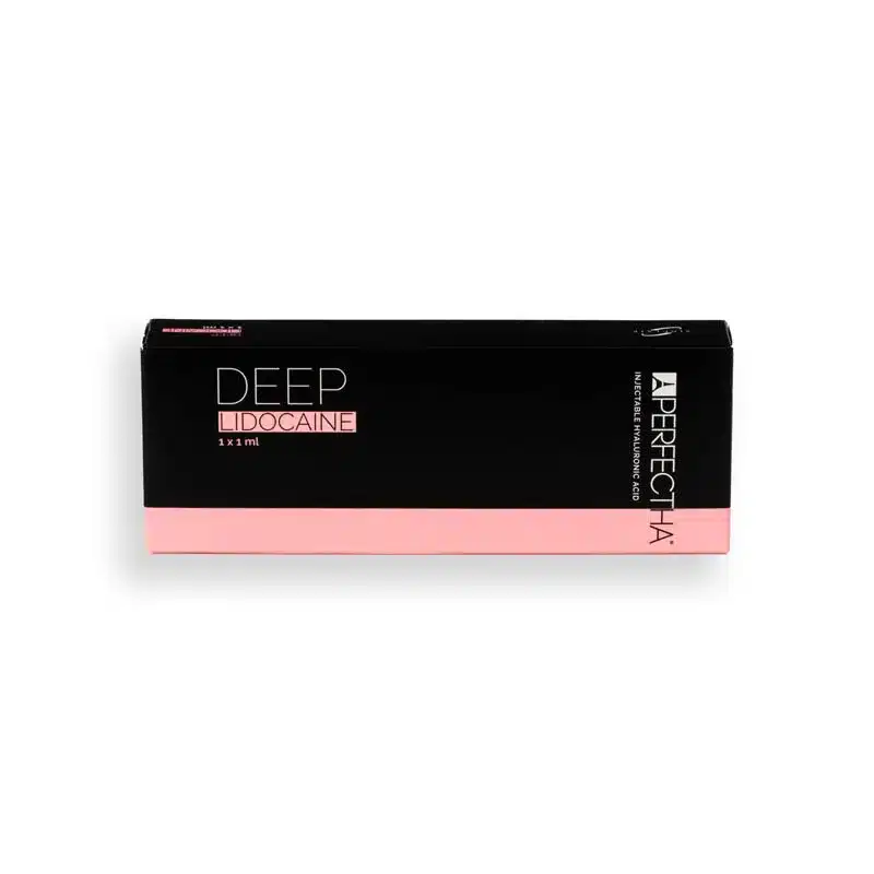 A black rectangular box with a pink stripe at the bottom. The box is labeled with "PERFECTHA® DEEP Lidocaine 1 x 1 ml" in large white and pink text. The brand name "A-PERFECT HA" is written on the right side of the box.