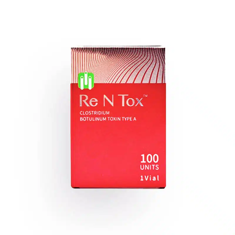 A red box of "Re N Tox™ 100u" Clostridium Botulinum Toxin Type A, containing 100 units in 1 vial. The box design includes a green and white logo at the top left along with abstract wavy lines.