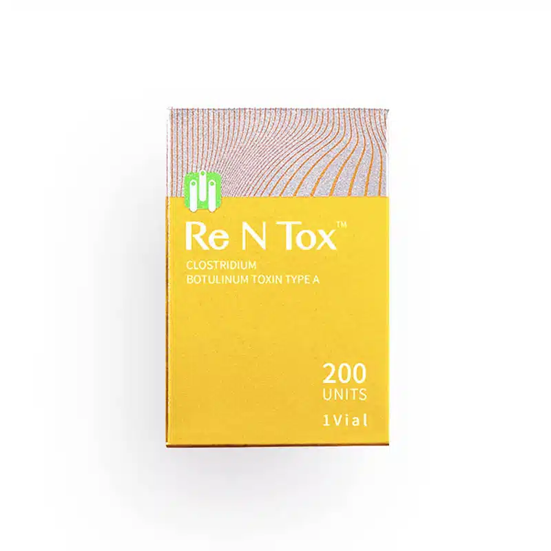 A yellow box of Re N Tox™ 200u, labeled with "200 Units" and "1 vial." The box features a minimalistic design with a top section in a textured, light gray pattern.