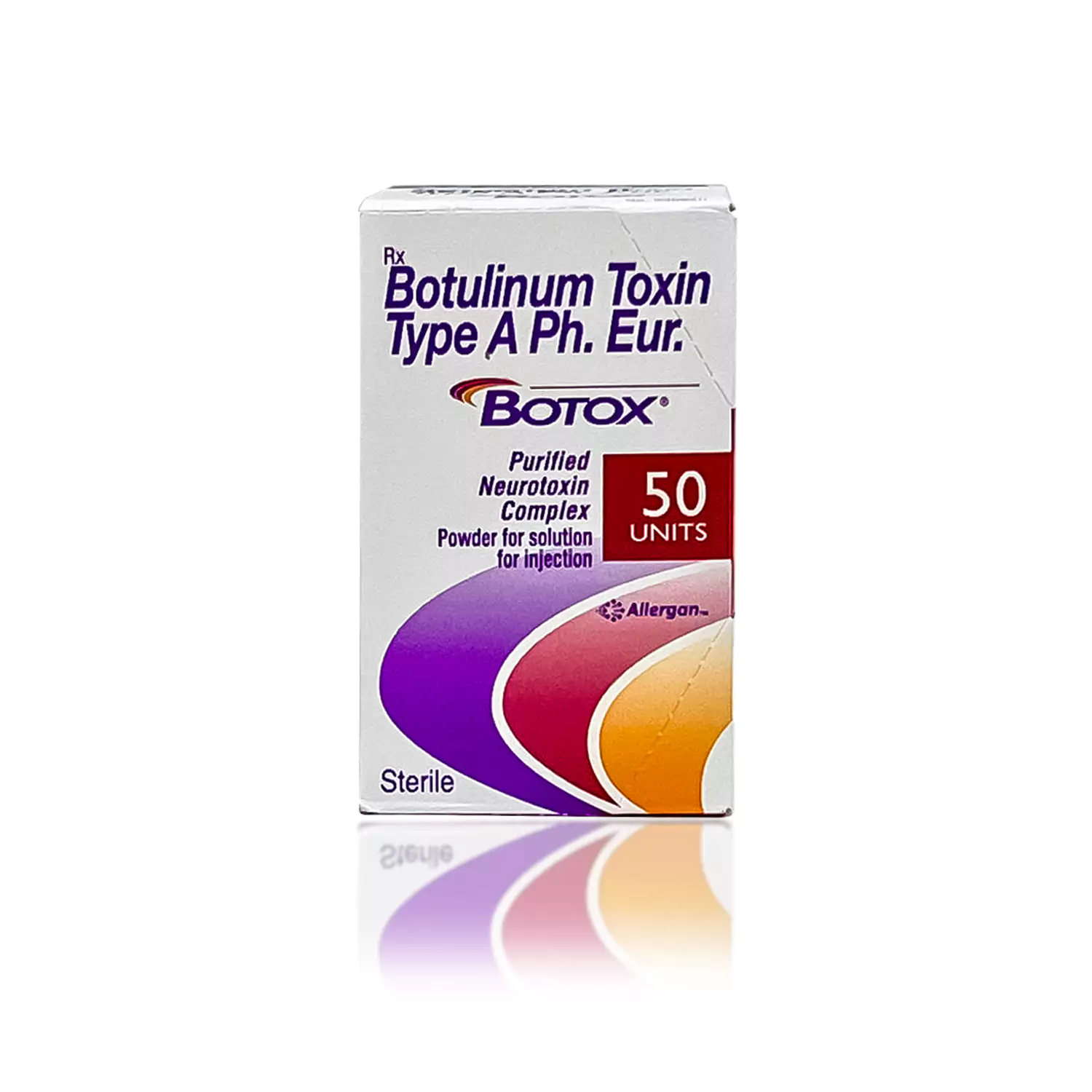 A white and purple box labeled "BOTOX® 50u (English Alternative)" with the brand name "Botox." It contains 50 units of purified neurotoxin complex, powder for solution for injection. The box features colorful arcs in purple, orange, and brown.