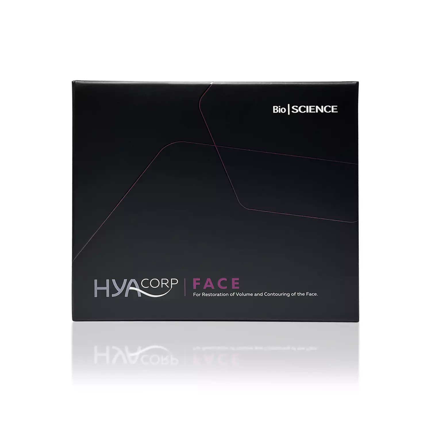 A black rectangular box with white and purple text that reads "HYACORP FACE®" by BioScience. The text also says, "For Restoration of Volume and Contouring of the Face." The package design includes thin, abstract lines.