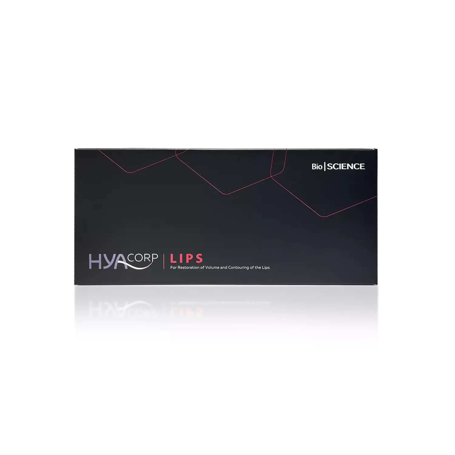 A black rectangular product box with white and pink text reads "HYACORP LIPS®" in large font, followed by "For Restoration of Volume and Contouring of the Lips" in smaller text. A logo in the top right corner says "Bio | Science".