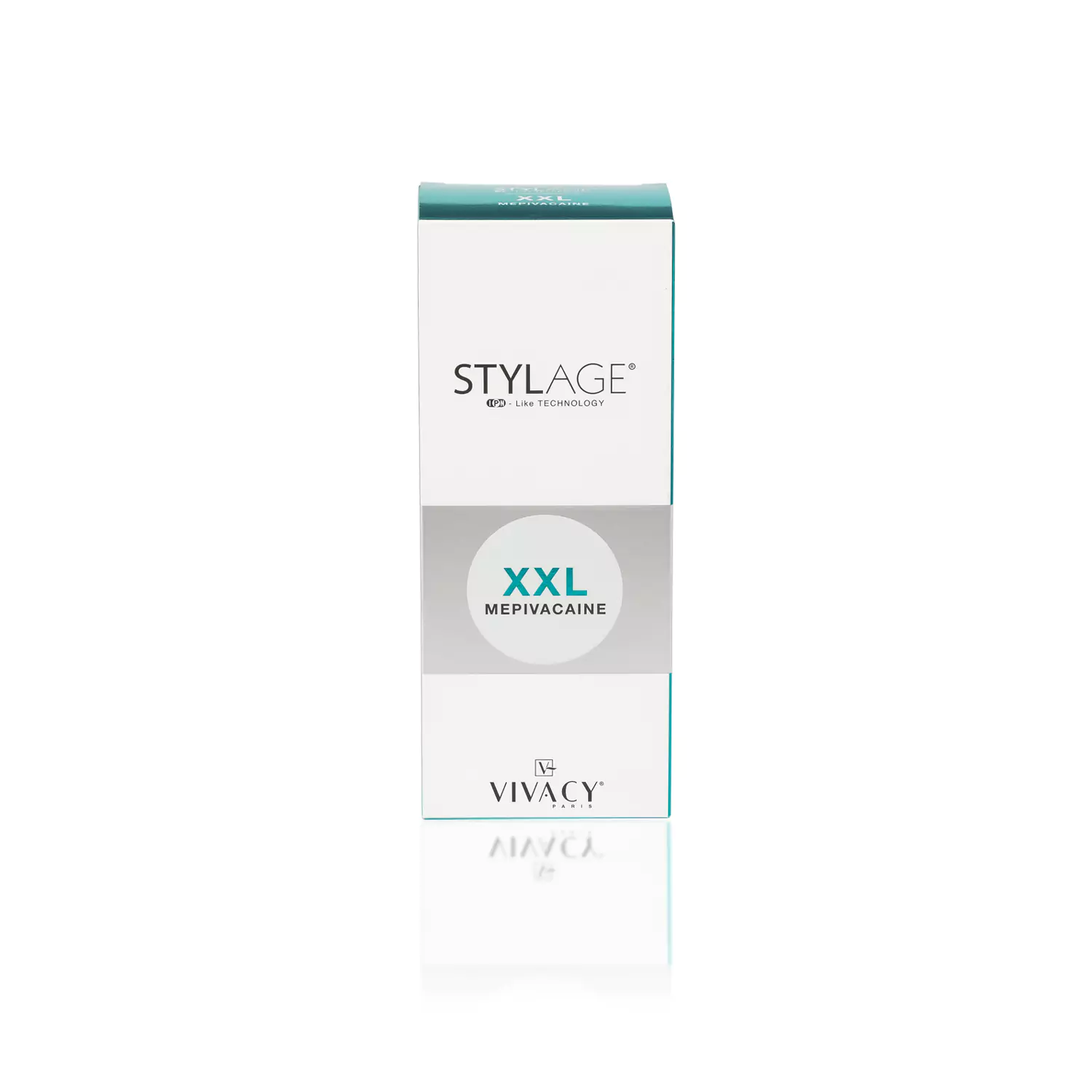 The image shows a boxed product named "STYLAGE® XXL BI-SOFT® Mepivacaine" by Vivacy. The packaging is teal and white with a silver and blue circular label on the front. The box is shown standing upright on a reflective white surface.