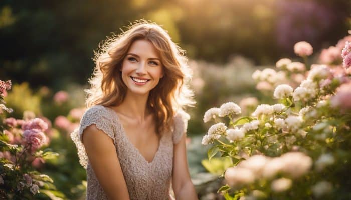 A joyful woman with flawless skin posing in a garden.