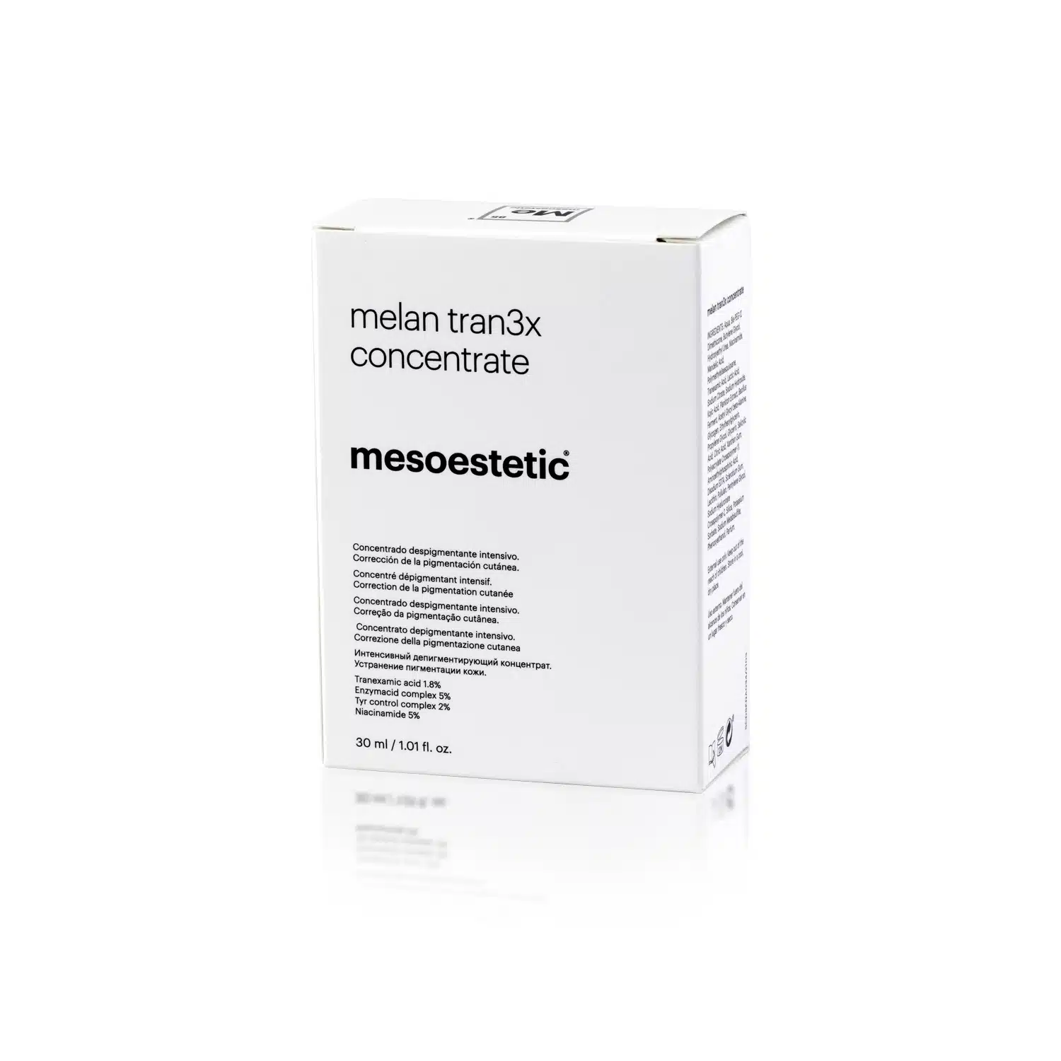 A white box displaying product packaging for "MESOESTETIC® MELAN TRAN3X CONCENTRATE" by mesoestetic. The text on the box includes directions and details in multiple languages. The box is 30 ml / 1.01 fl. oz. in size and is photographed against a plain white background.

