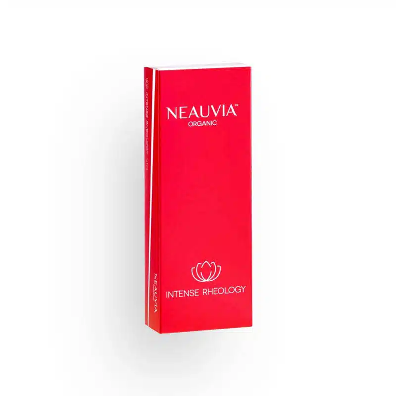 A rectangular red box standing upright features the text "NEAUVIA™ ORGANIC" in white letters at the top and "INTENSE RHEOLOGY" with a lotus flower icon at the bottom. The product packaging is sleek and minimalist.