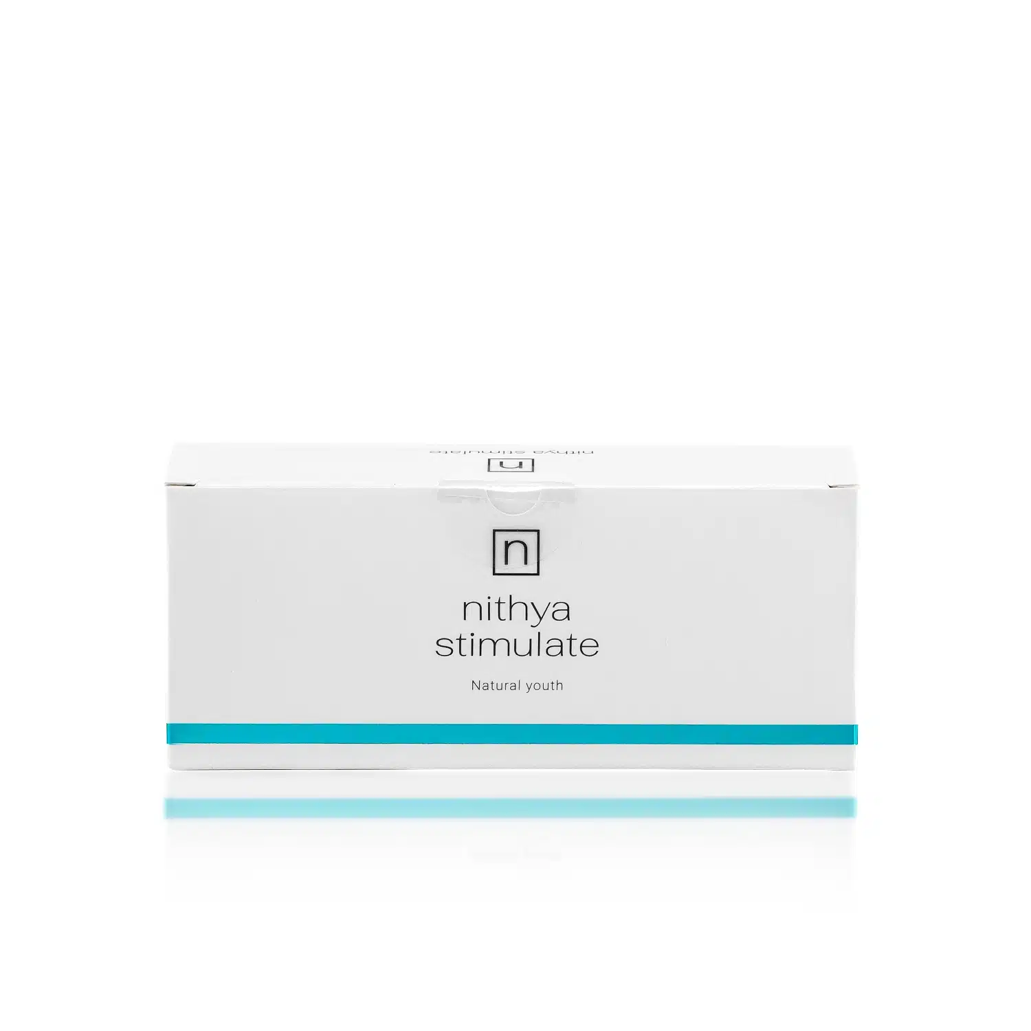 A rectangular white box with a minimalist design, featuring the text "NITHYA STIMULATE" and "Natural youth" on the front. A blue horizontal stripe accents the bottom edge of the box.