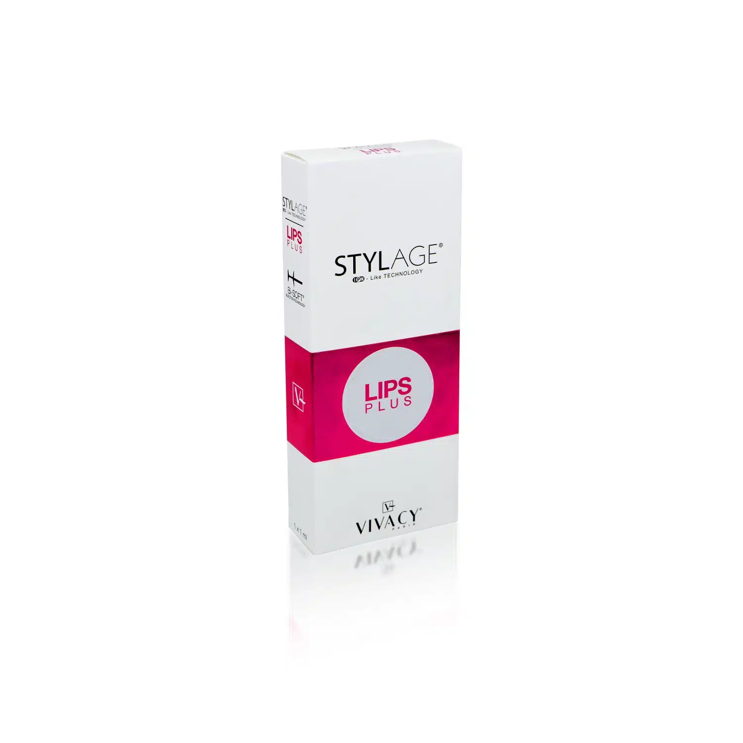 Image of a product box standing upright. The box is predominantly white with a bright pink band in the middle. The top section features the text "STYLAGE® LIPS PLUS BI-SOFT® with Lidocaine" in black and pink lettering. The bottom of the box displays the "VIVACY" logo.
