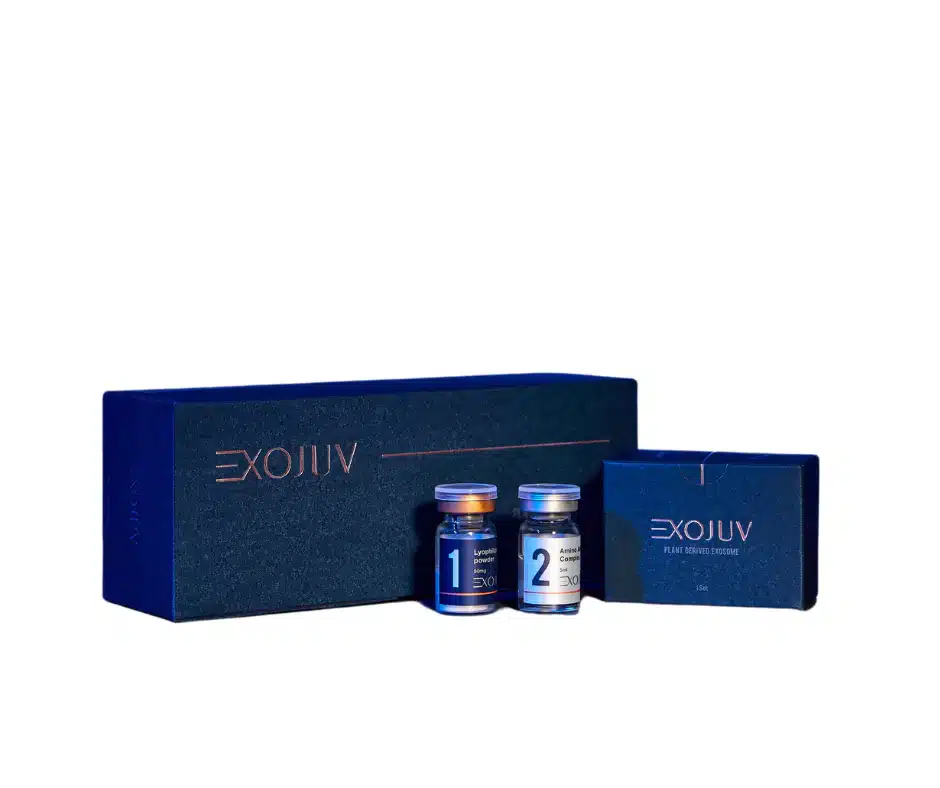A blue rectangular box labeled "EXOJUV" is displayed with two smaller bottles labeled "1" and "2" in front of it. Another small blue box, also labeled "EXOJUV", is positioned to the right of the bottles. The setup is on a white background.