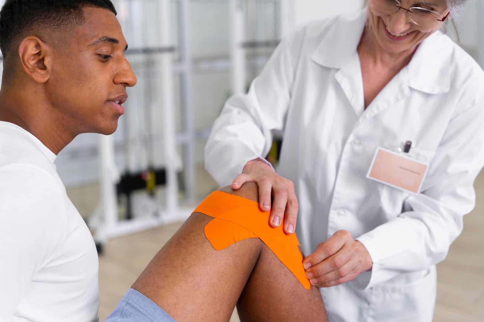 A healthcare professional in sports medicine making sure the athlete's knee is strong and healthy.