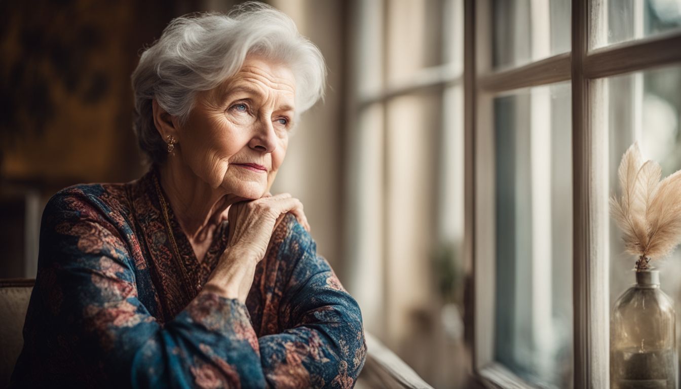 A senior woman sits by a window, deep in thought. A senior woman with deep facial wrinkles and folds sits by a window, deep in thought.