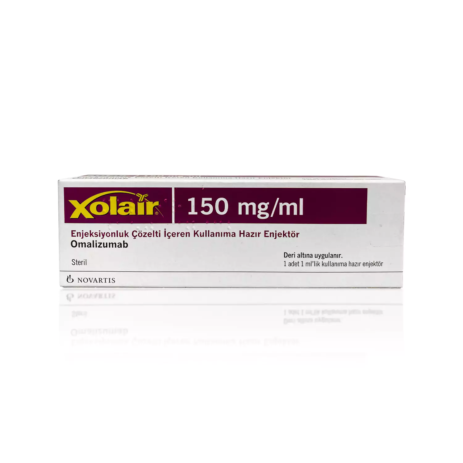 A box of XOLAIR® 150mg. The box is white with a maroon stripe and yellow and purple text. The medication is specified for subcutaneous use. Novartis is the manufacturer. The text is mainly in Turkish.