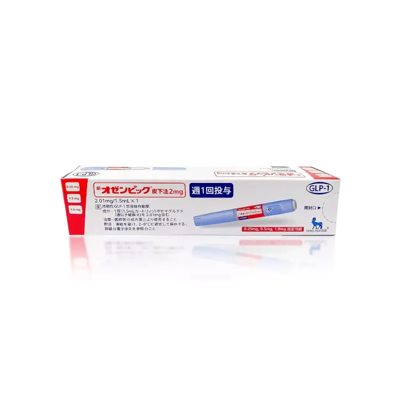 A white and red box containing a 0.5mg dose of OZEMPIC® (Japanese) is shown. The text on the box includes non-English characters, with a blue injector pen illustration. A small blue logo and text "GLP-1" are displayed in the top right corner.
