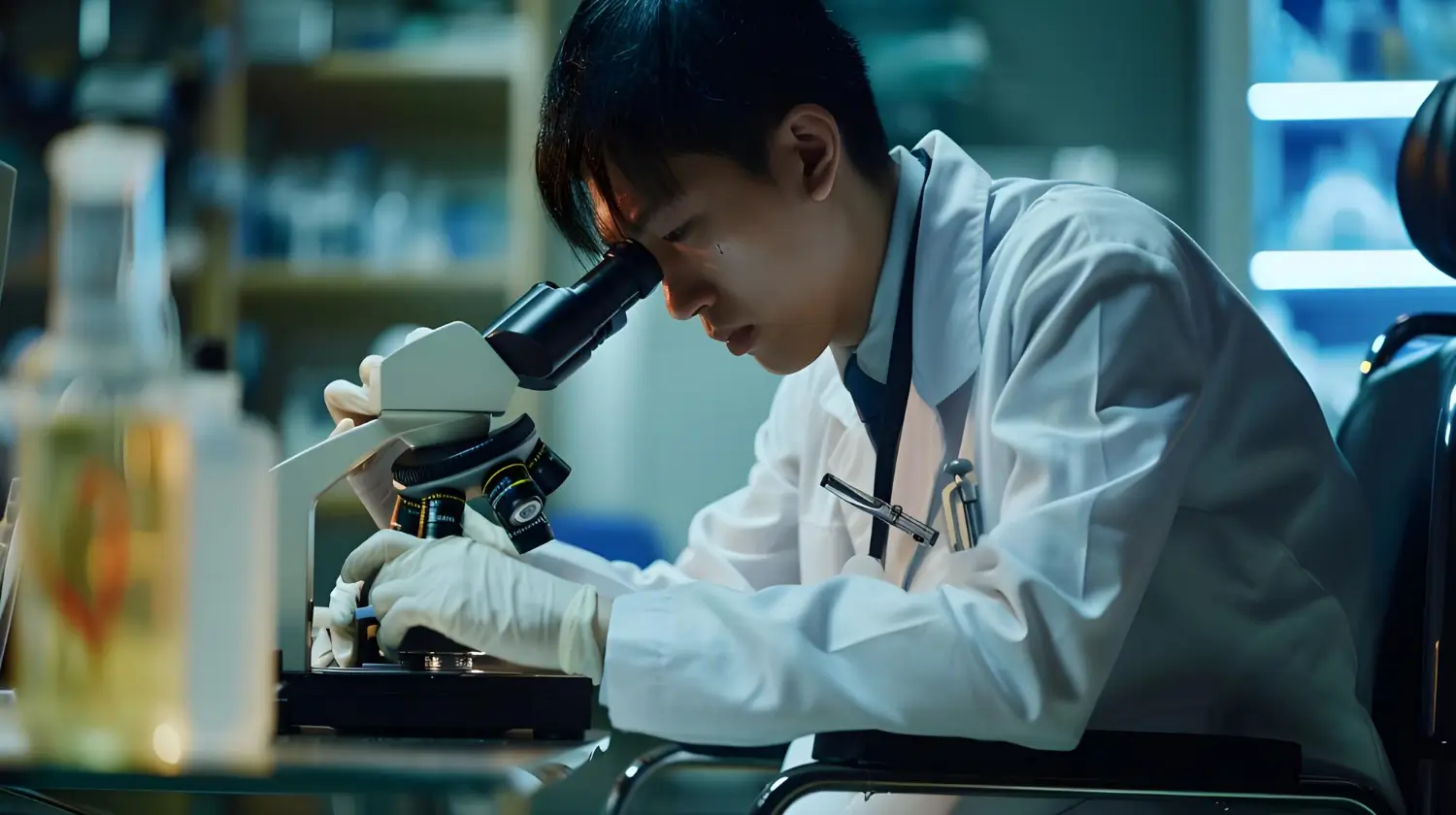 An expert using a microscope.