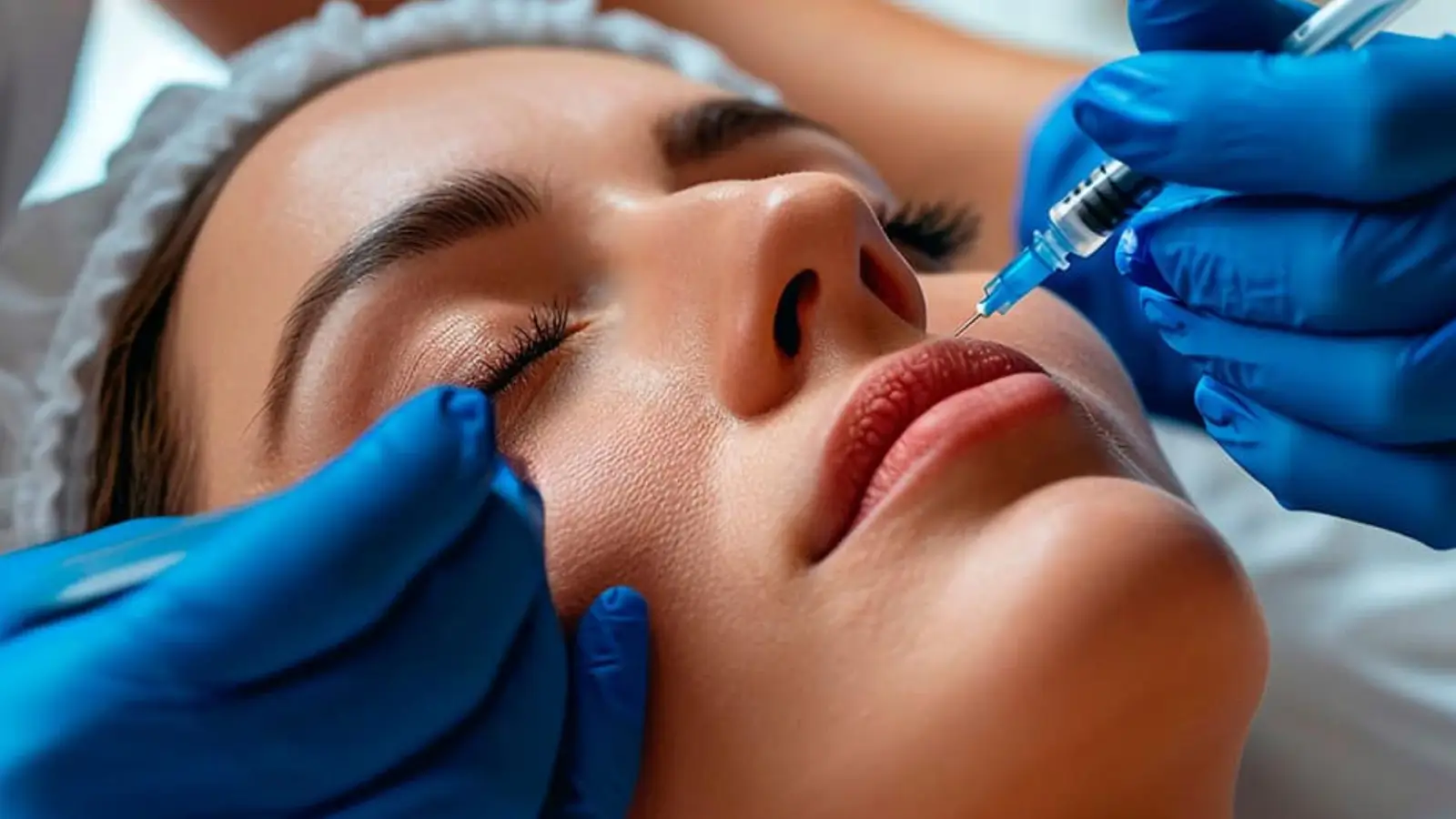 A woman receives filler treatment for lip augmentation.