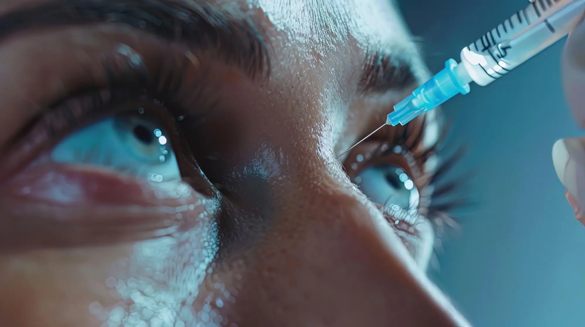 Patient getting a shot in the eye.
