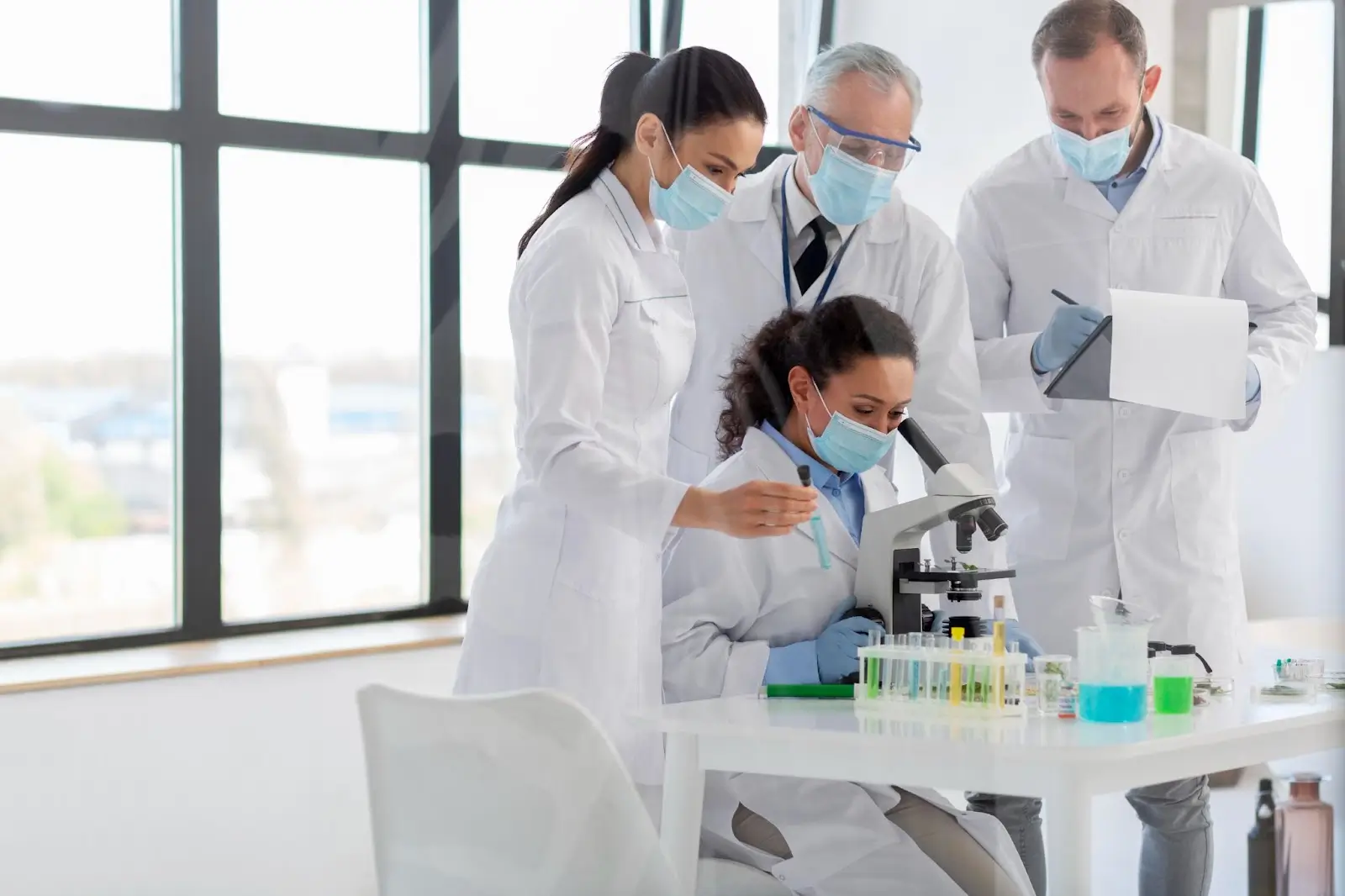 People in the lab talking with each other.