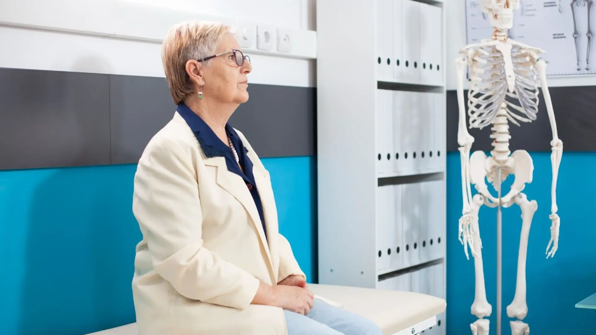 A woman waiting for her turn to checked out for Evenity treatment.