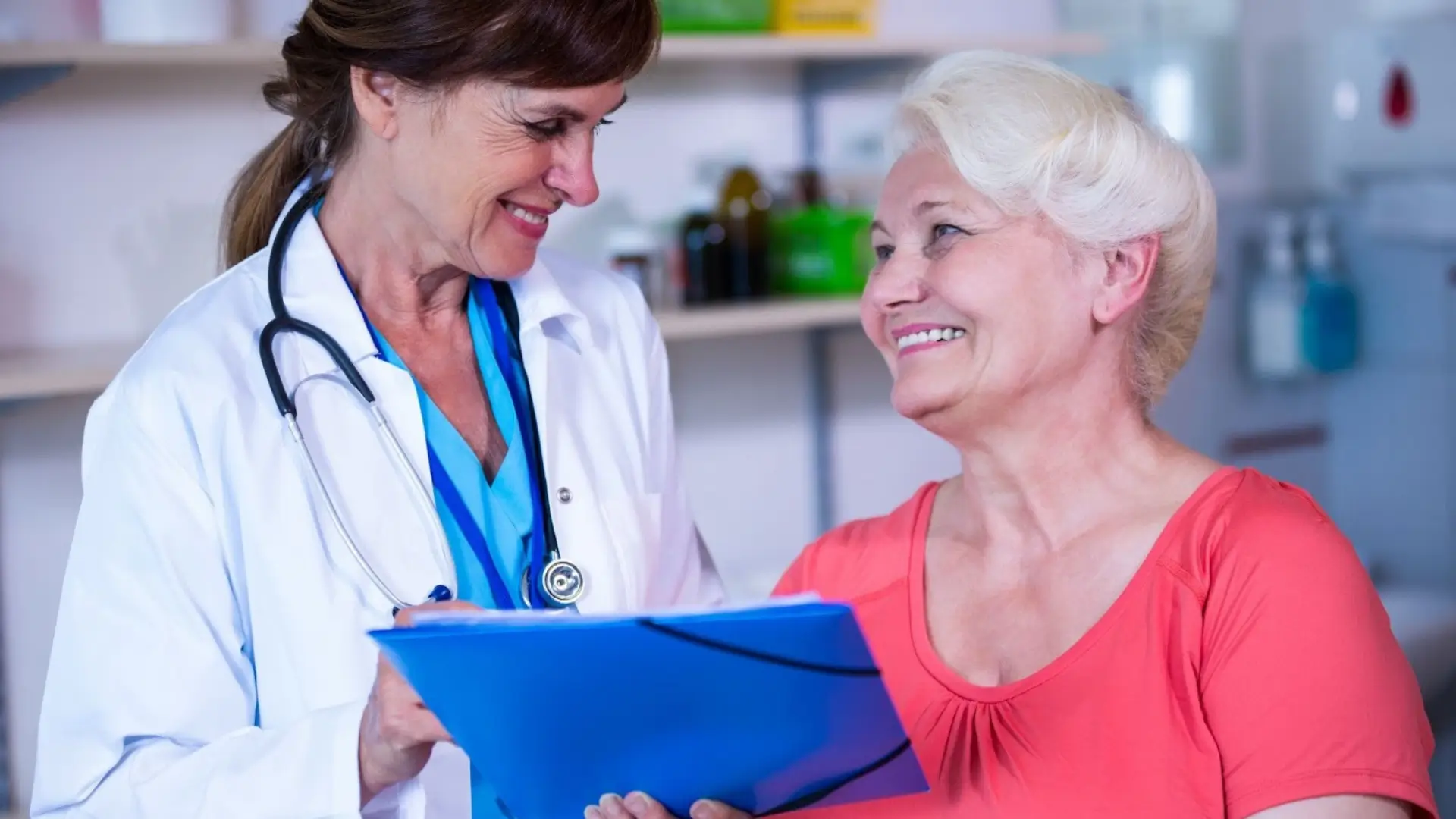 A female patient discusses and asks their doctor what happens when you stop Evenity treatment.